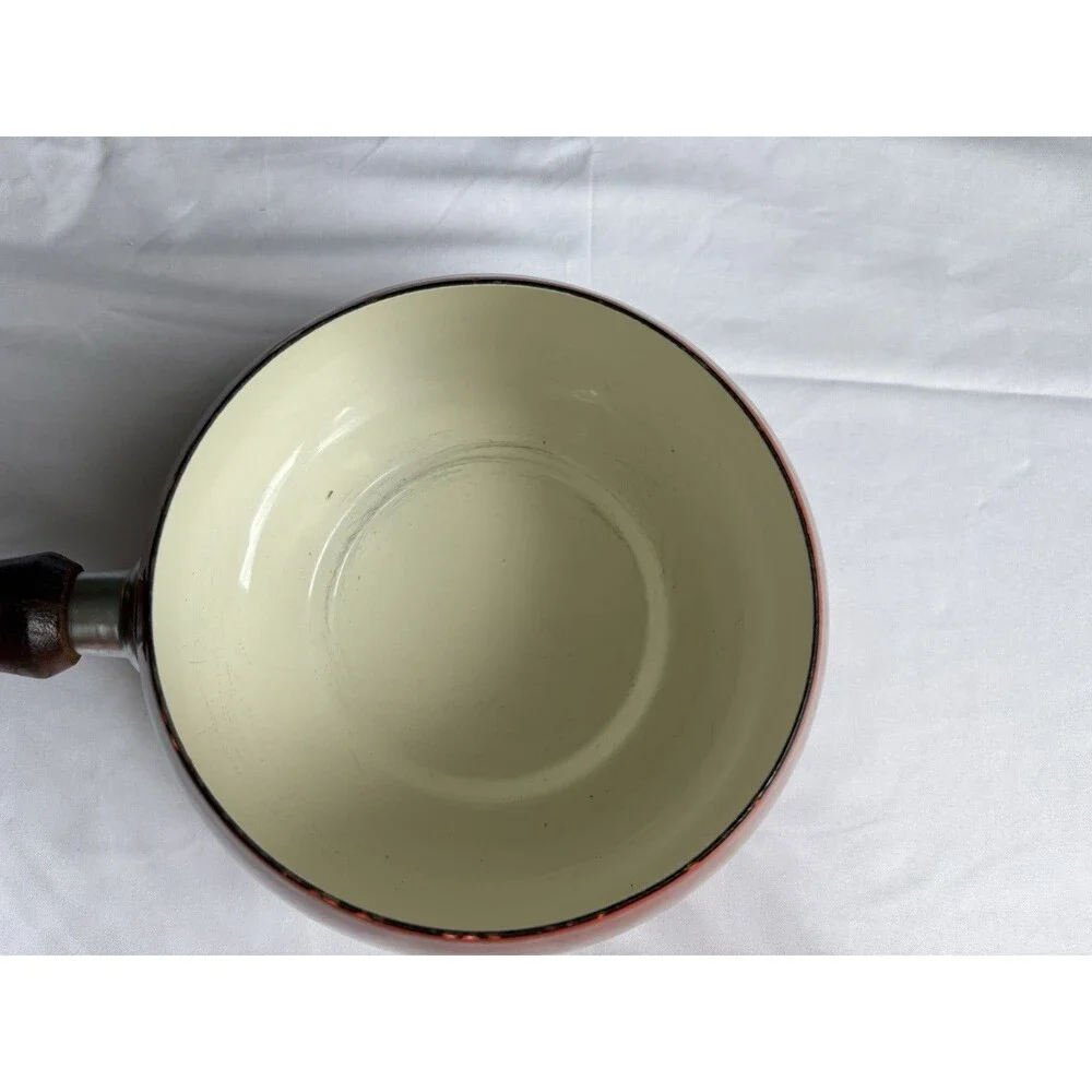 Vintage Red / Burnt Orange Wooden Handle Enameled Fondue Pot - No Lid - 5”
